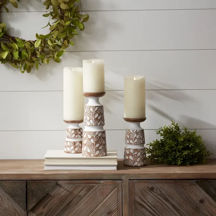 10″ White Wash Resin Candle Holder – Orchard