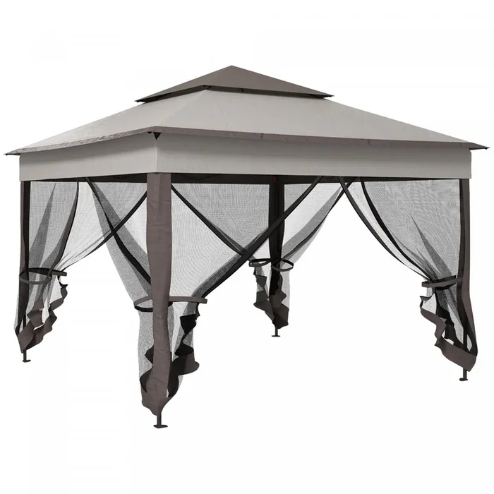 11’x11′ Pop Up Canopy 2-tier Soft Top Gazebo W/ Mesh Netting, Grey|Gazebo A Toit Souple Auvent Escamotable 11′ X 11′, Filet En Maille, Gris