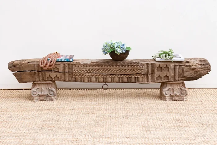 18th Century Finely Carved Teak Beam Bench (Trade)