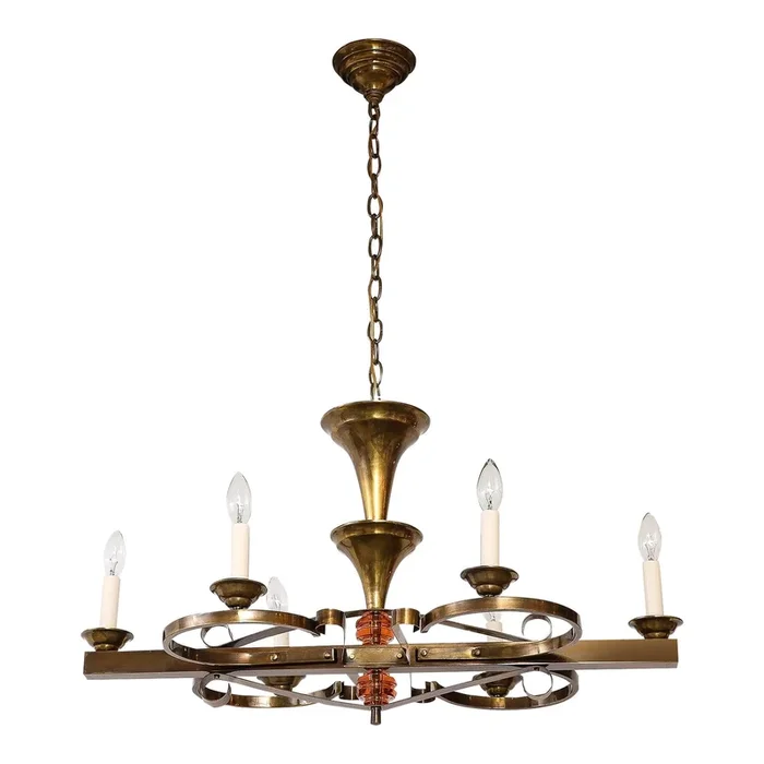 1940’s French Art-Deco 6 Arm Brass Chandelier
