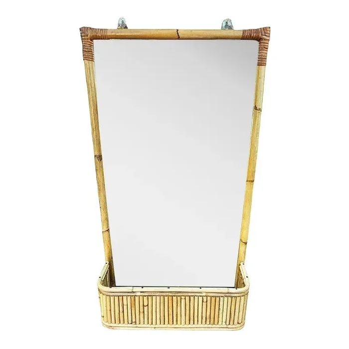 1950s Restored Mid-Century Stacked Rattan & Wicker Wall Mirror With Shelf/Planter