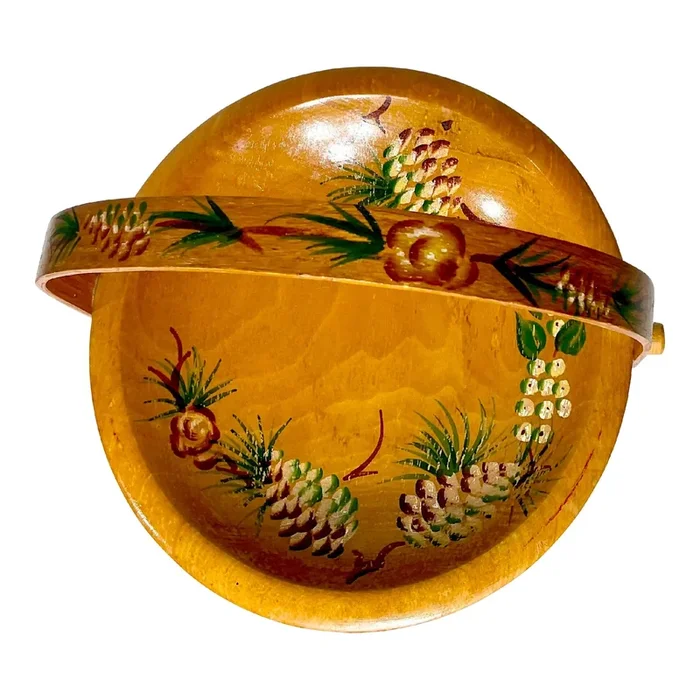 1950s Vintage Arts & Crafts Adirondack Hand Painted Wood Pinecone Bowl