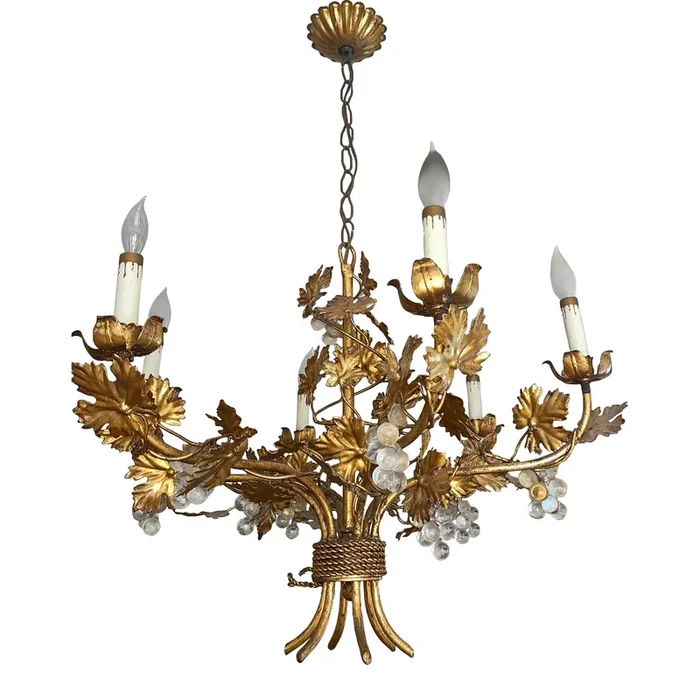 1960s Hollywood Regency Gilt Metal and Glass Grape and Vine Motif Chandelier, Italy