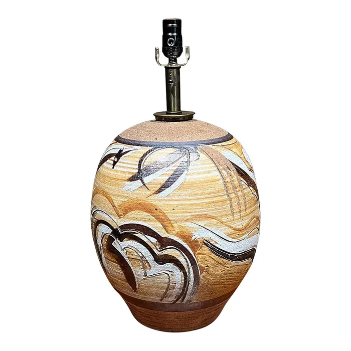 1960s Stoneware Art Pottery Round Table Lamp