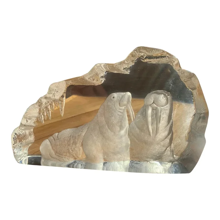 1970s Double Walrus Mats Jonasson Iceberg Glass Sculpture
