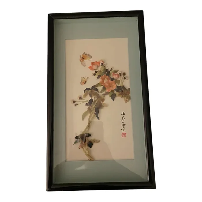 1970s Framed Vintage Shadowbox Chinese Shell Art, Flowering Crab Apple and Butterflies