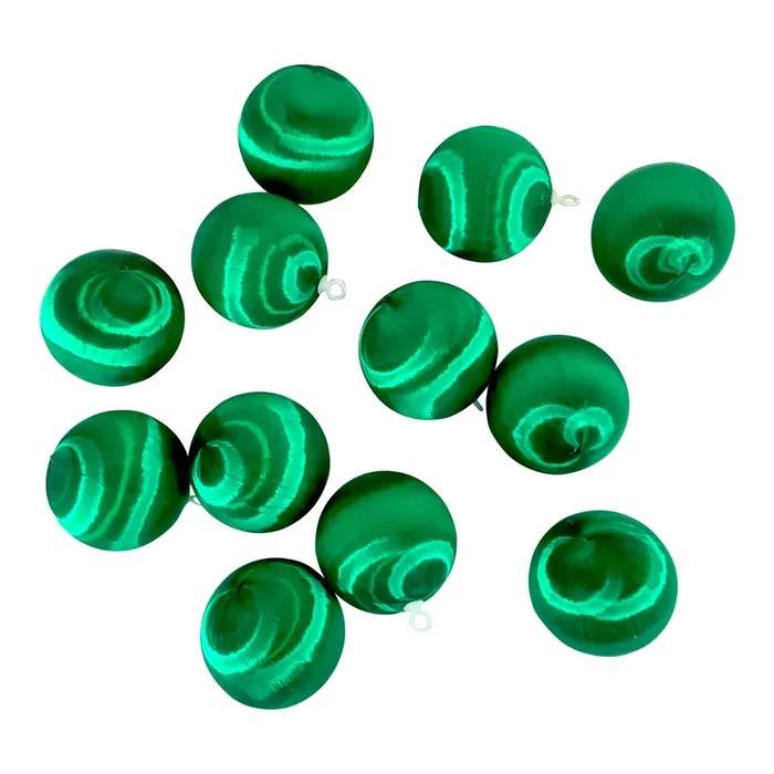 1970s Vintage Boho Chic Silk Wrapped Christmas Ornaments – Set of 12, Green-White.