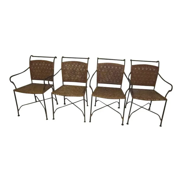 1980s Metal Armchairs Chairs with Woven Leather Seats – Set of 4