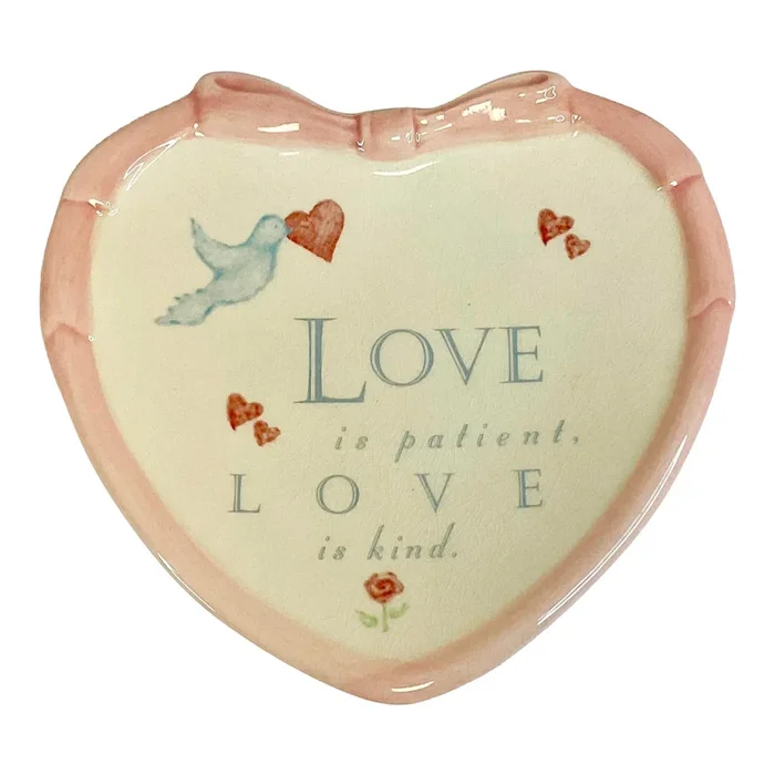 1980s Vintage Boho Chic Valentine Heart Trinket Dish, Love Is Patient Motif.
