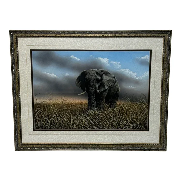 1990s Large British Painting Gray Bull Elephant About to Charge Kruger National Park Follower of David Shepherd, Framed