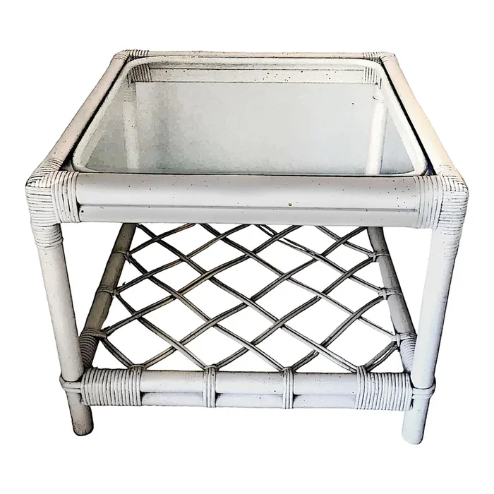 1990s White Rattan Ficks Reed Style Side Table With Latticed Lower Shelf