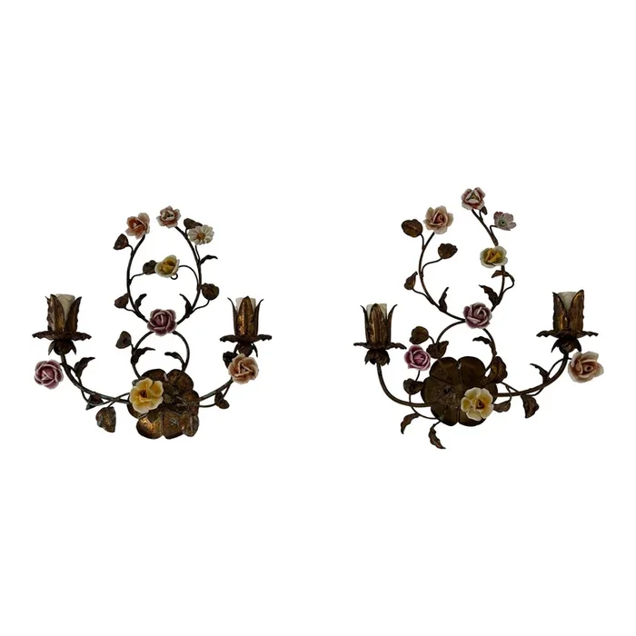 19th Century Italian Tole and Porcelain Roses Polychrome Sconces