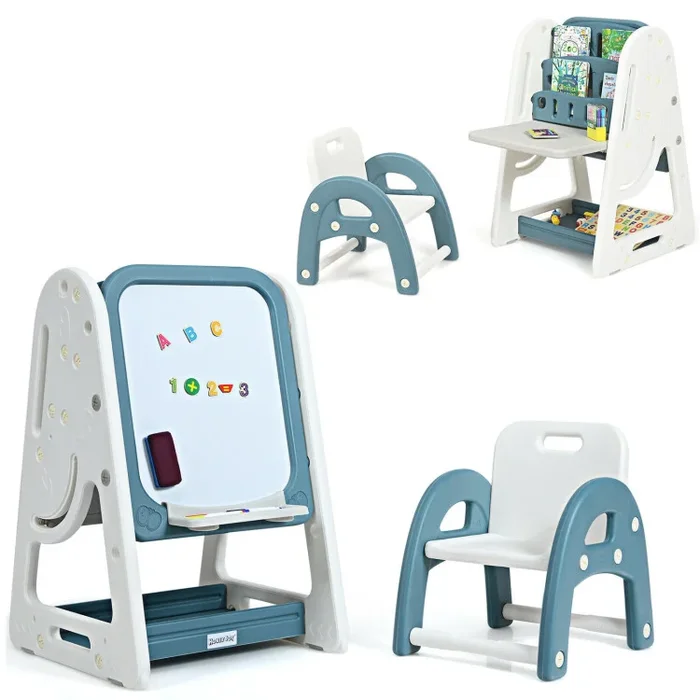 2-in-1 Kids Easel Desk Chair Set Book Rack Adjustable Art Painting Board