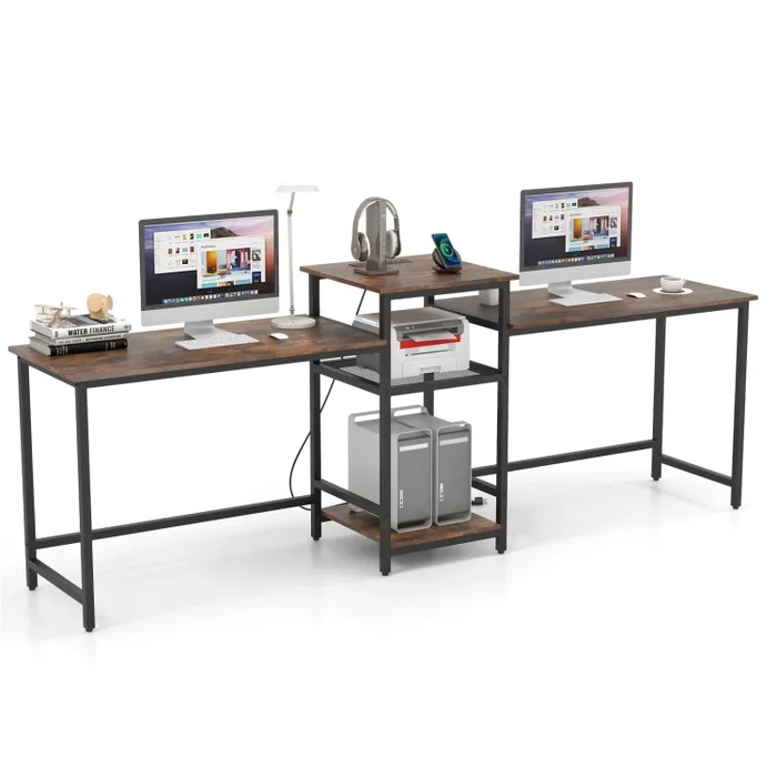 2-Person Computer Desk with Power Outlet and Printer Stand