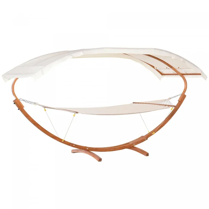 2 Person Wood Swing Arc Hammock Bed And Stand Set W/ Canopy White/teak
