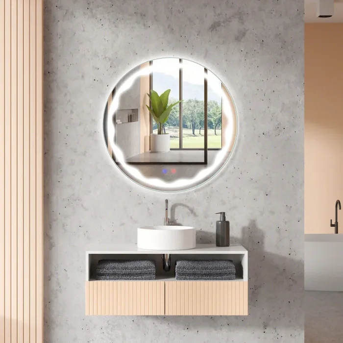 24 Inch Round Wall Mirror with 3-Color LED Lights and Smart Touch Button