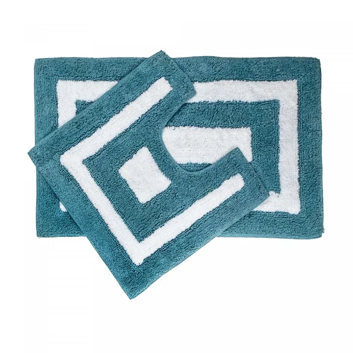 2pc Cotton Bathmat Set White/Blue Border Bathmat|Ensemble de 2 tapis de salle de bain blancs en coton avec bordure bleue