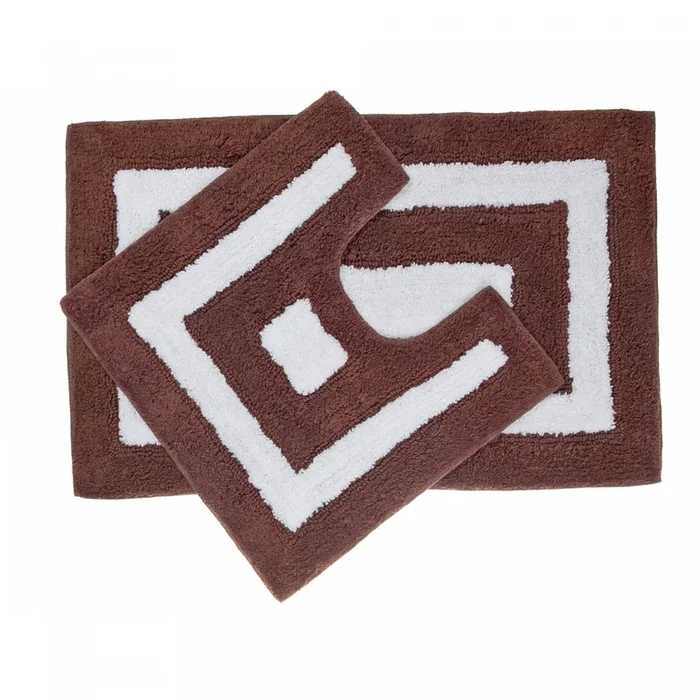 2pc Cotton Bathmat Set White/Chocolate Border Bathmat|Ensemble de 2 tapis de salle de bain blancs en coton avec bordure chocolat