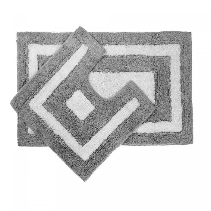 2pc Cotton Bathmat Set White/Grey Border Bathmat|Ensemble de 2 tapis de salle de bain blancs en coton avec bordure grise
