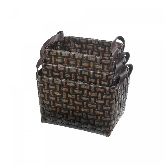 3pc Rect. Nesting Basketweave Basket with Handle Chocolate Storage|3 paniers de rangement gigognes rectangulaires nattés chocolat avec poignées