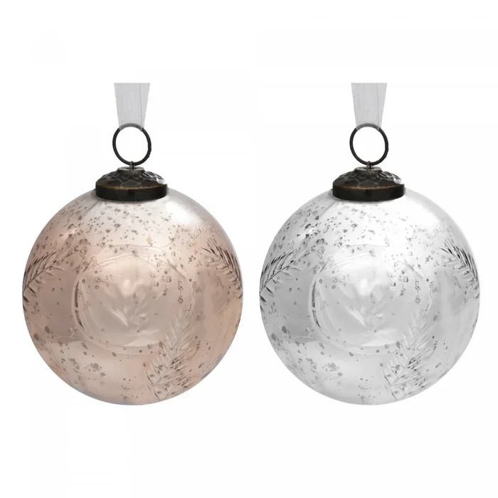 4″ Embossed Leaf Glass Ornament Bronze + Mercury – Set of 4 Christmas Ornaments|4 ornements de 4 po en verre de couleur bronze ou mercure avec feuilles embossées – ensemble de 4 ornements de Noël