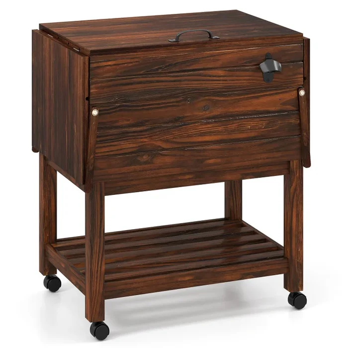 54 Quart Wooden Cooler Cart for Patio Rolling Ice Chest with Shelves