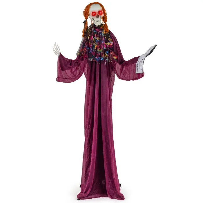 6 Feet Halloween Animatronic Standing Girl Holding Book with Sound-Activated Light-up Eyes and Moving Arms & Head