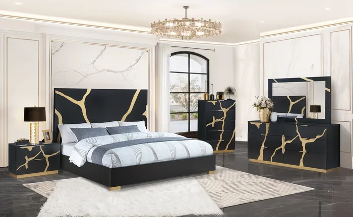 6 Piece Modern Bedroom Set – Black with Gold Accents