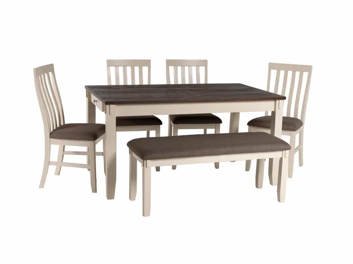 6-Piece Two-Tone Dining Set with Bench & Upholstered Chairs