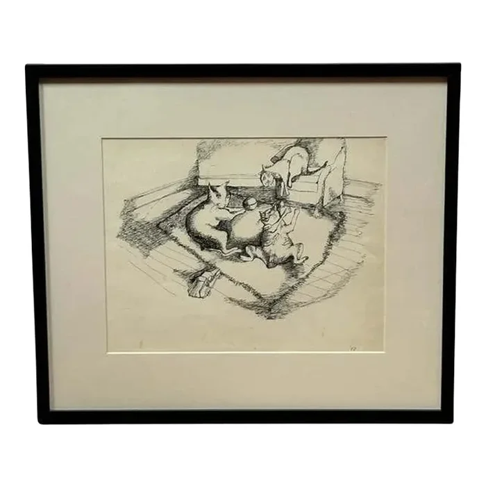 “Playful Pets” Satirical Ink Drawing of Three Cats