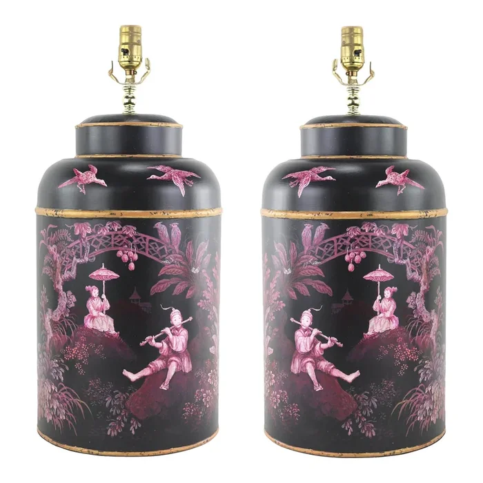 A Pair of Vintage English Export Tea Cans Hand-Painted Chinoiserie Figurine Table Lamps.