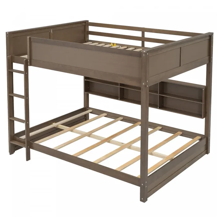 Aaron Wood Bunk Bed With Storage Cabinets And Usb Ports, Queen Size – Antique Wood | Aaron – Lit Superpose En Bois Avec Armoires De Rangement Et Ports Usb, Format Grand – Fini Bois Vieilli