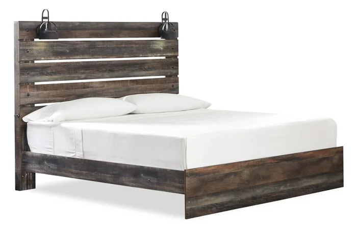 Abby Panel Bed with Headboard & Frame, LED, USB, Brown – King Size | Lit à panneau Abby avec tête de lit, cadre, éclairage à DEL et port USB, brun – format très grand li…