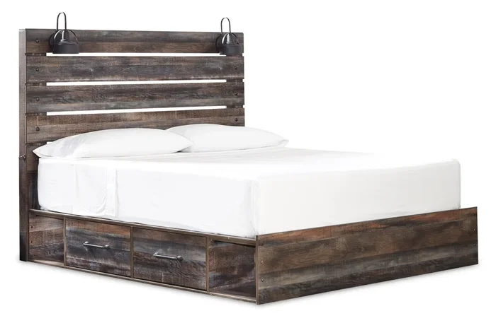 Abby Platform Side Storage Bed with LED Lights & USB Ports, Brown – King Size | Lit plateforme de rangement latéral Abby avec éclairage à DEL et ports USB, brun – format très grand…