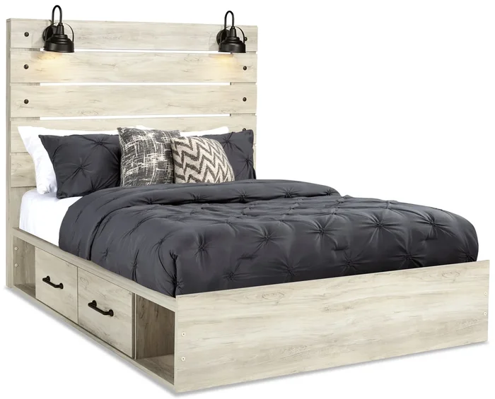 Abby Platform Side Storage Bed with LED Lights & USB Ports, White – Queen Size | Lit plateforme de rangement latéral Abby avec éclairage à DEL et ports USB, blanc – format grand lit