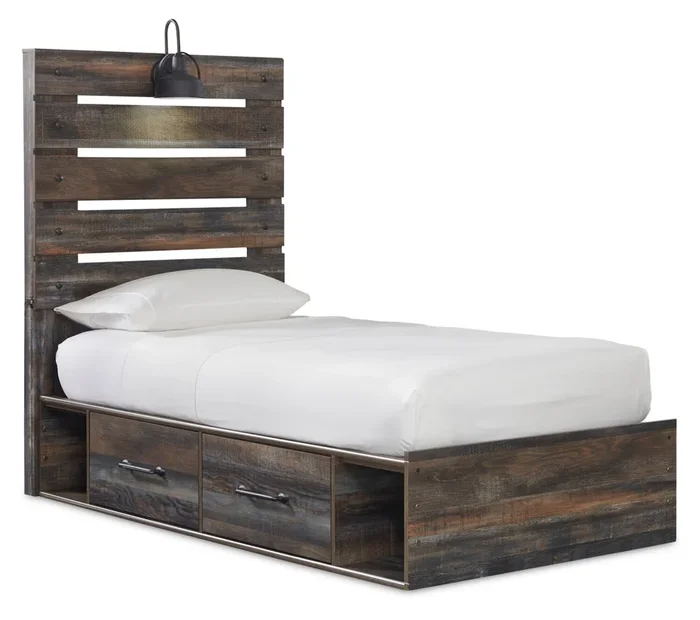 Abby Side Storage Bed with LED Light & USB Ports for Kids, Brown – Twin Size | Lit Abby pour enfants avec rangement latéral, éclairage à DEL et ports USB, brun – format lit simple