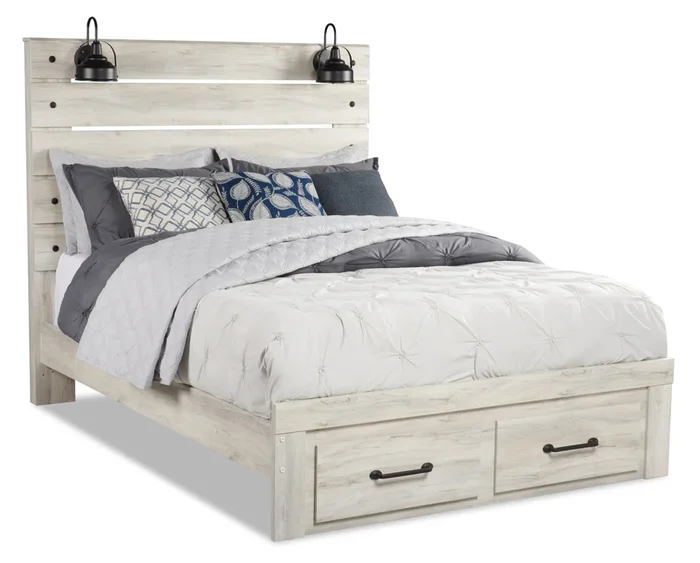 Abby Storage Bed with LED Light & USB Ports, White – Queen Size | Lit de rangement Abby avec éclairage à DEL et ports USB, blanc – format grand lit