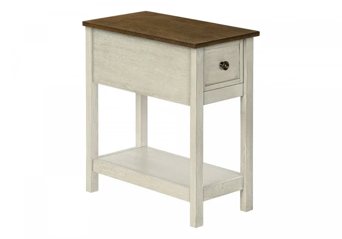 Accent Side End Table 2-Tier Narrow Bedroom Storage Drawer Antique White Brown Veneer Transitional|Table de bout et d’appoint étroite de style transitionnel à 2 niveaux, avec tiroir de rangement et placages blanc antique et bruns pour la chambre à coucher