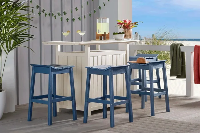 Addy White 5 Pc Outdoor Bar Dining Room with Navy Barstools