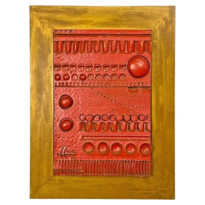 After Carlos Carlè, Argentine Modern Sculpture Painting, 1974, Red Ceramic & Gilt Wood