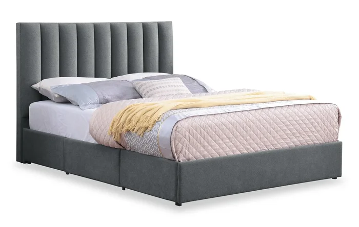 Amos Upholstered Storage Bed in Charcoal Fabric with Channelled Headboard & 3 Built-in Drawers – Queen Size | Lit de rangement Amos rembourré en tissu anthracite avec tête de lit à canaux et 3 tiroirs intégrés – format grand lit
