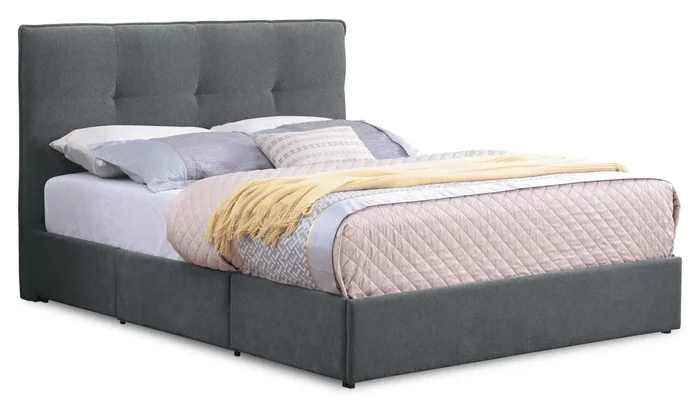 Amos Upholstered Storage Bed in Charcoal Fabric with Tufted Headboard & 3 Built-in Drawers – King Size | Lit de rangement Amos rembourré en tissu anthracite avec tête de lit capitonnée et 3 tiroirs intégrés – format très grand lit