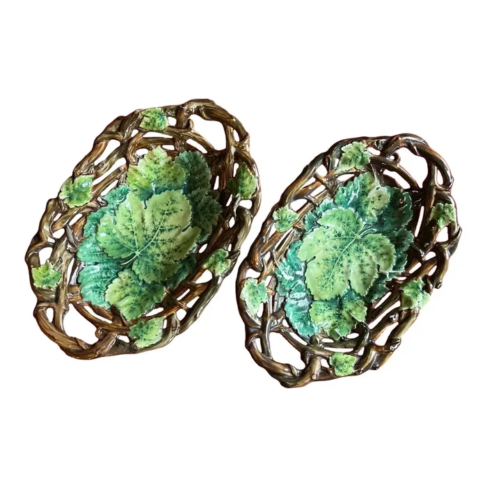 Antique 19th Century German Porcelain Spm Schmeisser Porzellan Manufaktur Twig Dishes With Maple Leaves – a Pair