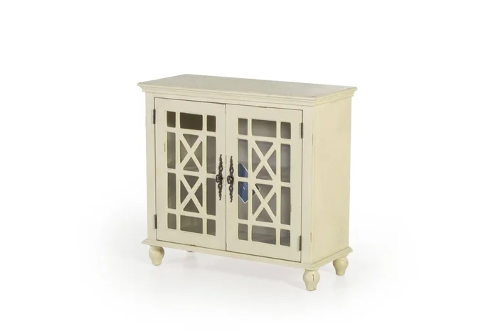 Antique White 2-Door Accent Cabinet — Tempered Glass Lattice Doors, Adjustable Shelf