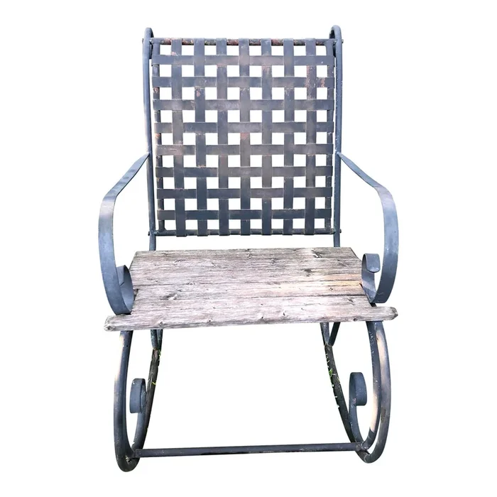 Antique Wrought Iron Lattice Back Rocking Chair With Teak Wood Slat Seat