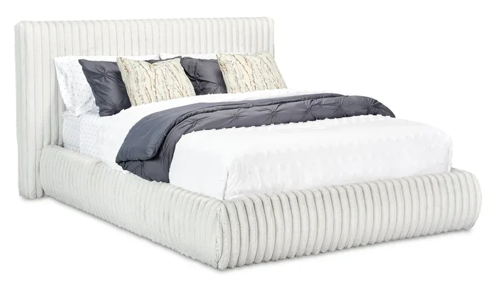 Aria Upholstered Platform Bed in Grey Fabric, Tufted – Queen Size | Lit plateforme rembourré Aria en tissu gris capitonné – format grand lit