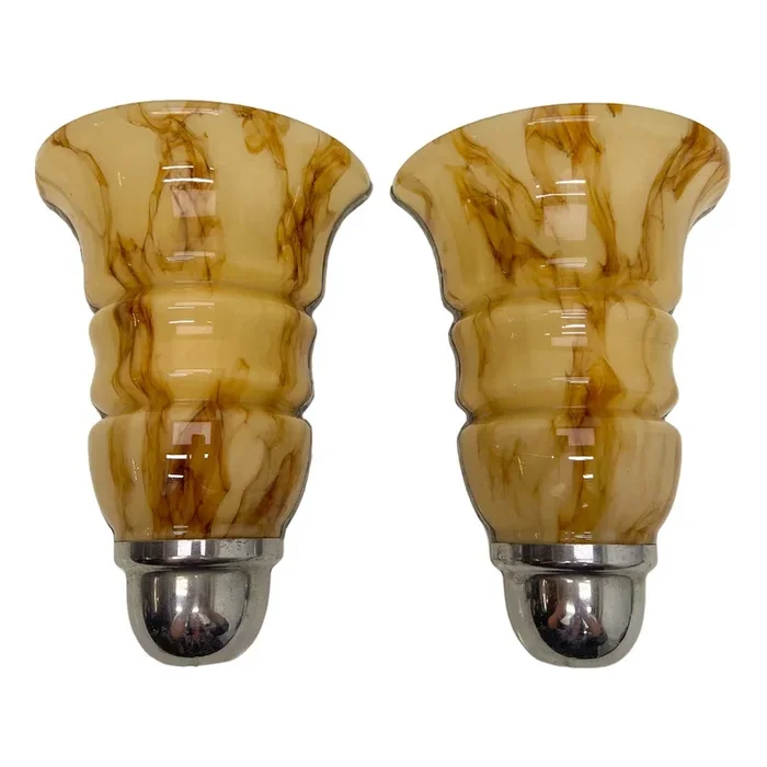 Art Deco Amber Acrylic Glass Marble Pattern Wall Lights, 1960s, Set of 2