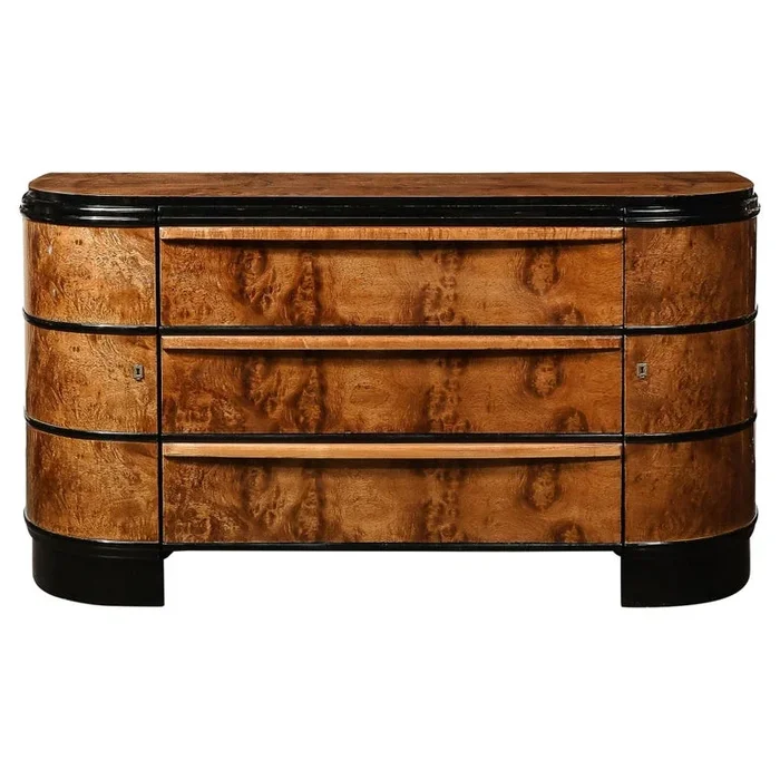 Art Deco Bookmatched & Burled Elm & Black Lacquer Sideboard by Donald Deskey