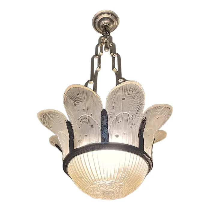 Art Deco Chandelier in Sandblasted Pressed Glass & Nickel-Plated Bronze from Hettier & Vincent, 1930s