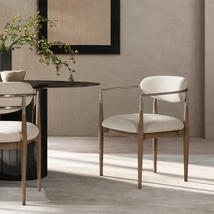 Artemis – Mixed Material Upholstered Dining Arm Chair – Warm White